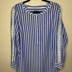 Talbots Chambray Blue White Stripe Flower Lace Cotton Henley Top Women's Size 2X